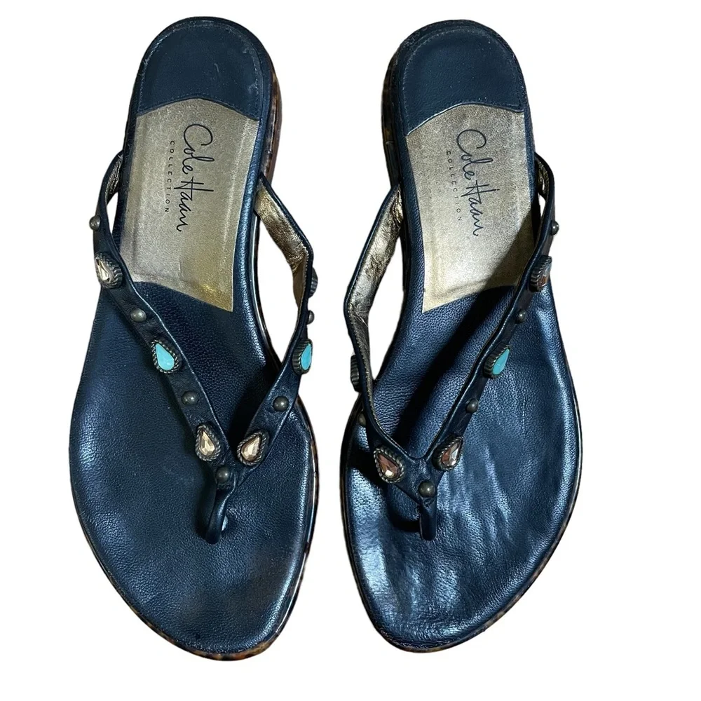 Cole Haan Slip-on Beaded Mini Heeled Black Leather Sandals Size 5.5